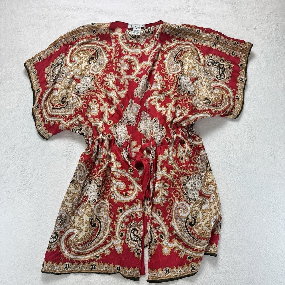 CAbi Silk Red Paisley Kimono Tie Front V Neck Short Flutter Sleeve Top MediumEUC